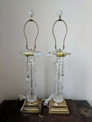 Dresden Cut Crystal Lamp Pair 2 With Brass Base Etched Floral Signed
