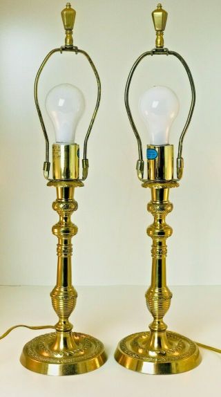Pair 19 " Tall Polished Brass Candlestick Table Lamps
