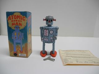 1997 Schylling Blue Atomic Robot Man 5 " Wind - Up Tin Toy,  Box,  Key & Certificate