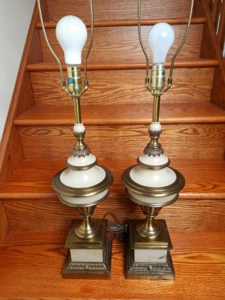Stiffel Table Lamps Pair 2 Solid Brass Enamel Mid Century Mcm Hollywood Regency