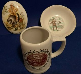 3 Vintage Davy Crockett Bowl,  Ceramic Picture W/bear,  Alamo Mug,  Souvenirs