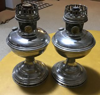 Pair Antique Matching Aladdin Nickel (on Brass) Oil Lamps.