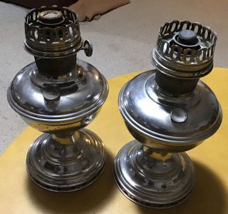 Pair Antique Matching Aladdin Nickel (on Brass) Oil Lamps. 2