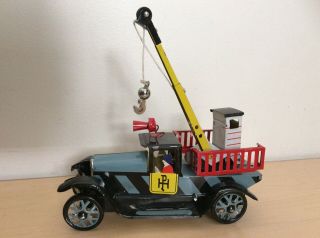 Tin Litho Wind Up Toys Crane On Tow Truck Fire Truck Contemporary Paya Toys 6.  5”
