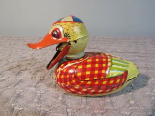 Vintage 1950’s Japan Tin Litho Duck Toy/ Friction,  Quacks When Pushed Forward