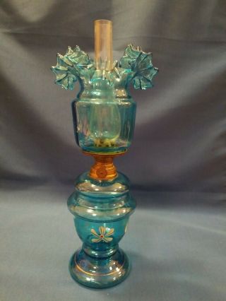 Victorian Acorn Blue Ruffled Glass Miniature Kerosene Oil Lamp 11 1/2 " Tall A,