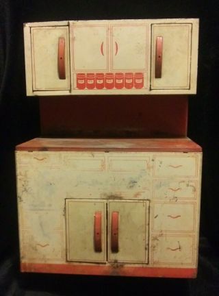 Vintage 1950s Wolverine Tin Litho Red & White Kitchen Cabinet Child Toy Playset