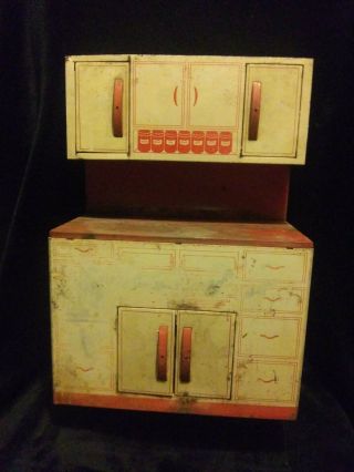 Vintage 1950s Wolverine Tin Litho Red & White Kitchen Cabinet Child Toy Playset 2