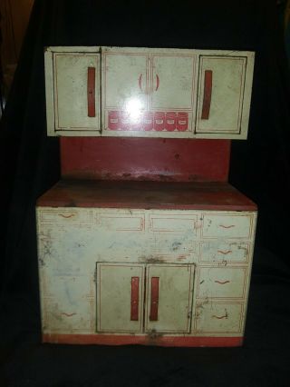 Vintage 1950s Wolverine Tin Litho Red & White Kitchen Cabinet Child Toy Playset 3