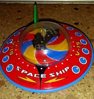 Vintage Japan Space Ship Tin Flying Saucer Toy V 15 Tin Plastic Wheels