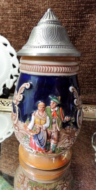 Vintage Gerz West Germany Cobalt Blue And Hand Painted Stein 6 1/2 " Tall