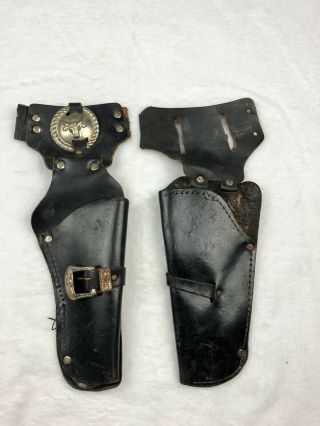 Vintage Leather Cap Gun Holster With Branded Rivets And Medallion " Wb "