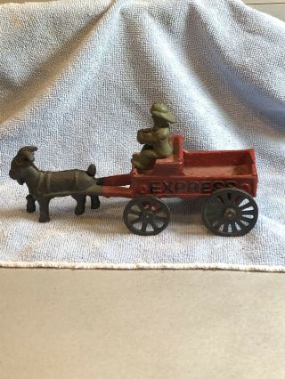 Vintage Cast Iron Horse With Wagon And Driver Express Painted Red