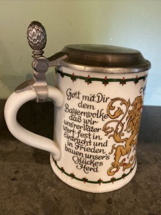 German Beer Stein With Lid And Lions