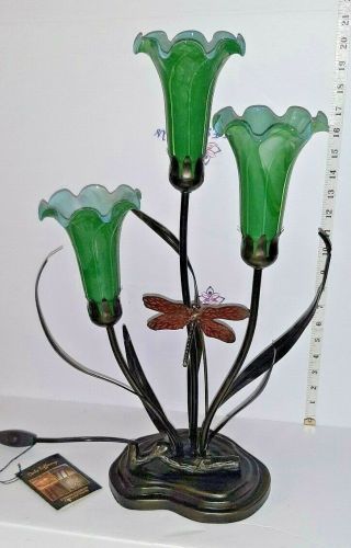 Dale Tiffany Green Tulip Lily Dragonfly Table Lamp 3 Three Light Bronze 21 " H