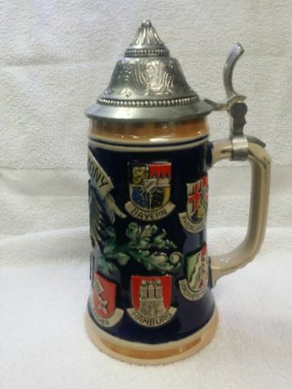 9” Vintage German Gerz Hand Painted Ceramic Pewter Lid Beer Stein