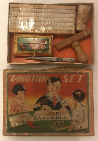 Vintage Childs Toy Printing Set Japan Tin Toy Stamp Pad Old Fully Intact