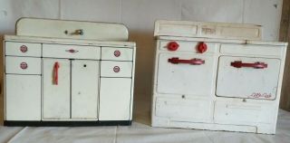 Vintage 1950s Little Lady Metal Tin Toy Oven Stove With Kitchen Sink/cabinet