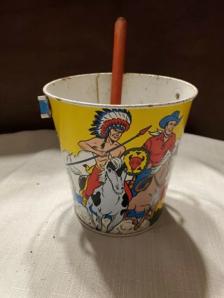 Vintage Ohio Art Tin Litho Toy Sand Pail Bucket Cowboys Indians With Shovel