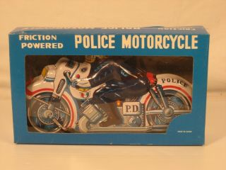 Vintage Japan Tin Litho Friction Toy Police Motorcycle With Bo 8 1/1 " Long Worki