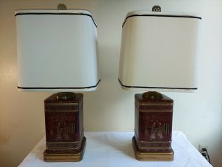 Pair Vintage Frederick Cooper Wildwood Asian Tea Canister Lamps Tin Caddy Orient