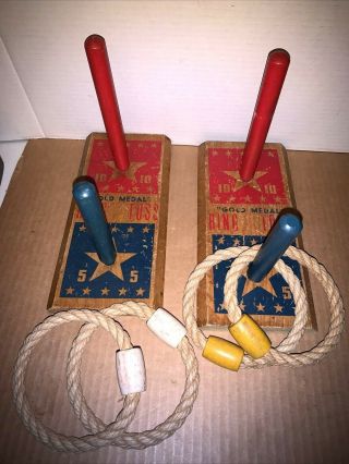 Vintage Gold Metal Ring Toss Game Wood & Rope Rings Made Usa Lawn Game / Inside
