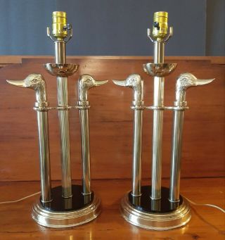 Pair Vintage Brass,  Double Duck Head Table Lamps.  And Stunning