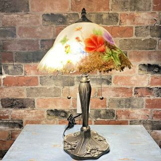 Vintage Reverse Painted Glass Shade Lamp Floral Design