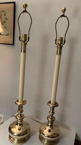 Frederick Cooper Brass Candlestick Buffet Table Lamps Pair Vintage Solid Brass