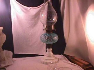 Early Fenton Blue With Opalescent Daisy & Fern Pattern Oil Lamp.
