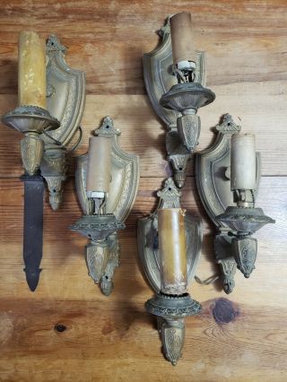 Set Of 5 Vintage Electric Wall Sconce Lights Brass Art Deco Ornate Candles Old