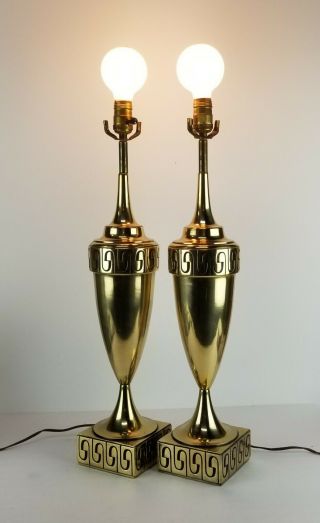 Mid Century Modern Lamps Brass Greek Key Pair Urn Set Stiffel Vintage 2