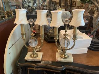 Stunning Pair Hollywood Regency Two Arm Brass And Crystal Table Lamps