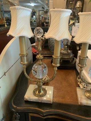Stunning Pair Hollywood Regency Two Arm Brass And Crystal Table Lamps 2
