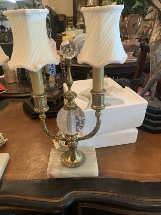 Stunning Pair Hollywood Regency Two Arm Brass And Crystal Table Lamps 3