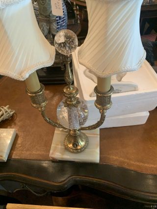Stunning Pair Hollywood Regency Two Arm Brass And Crystal Table Lamps 6