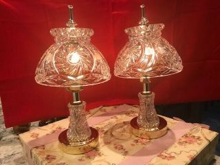 Leaded Crystal Boudoir Table Lamps With Brass Bases