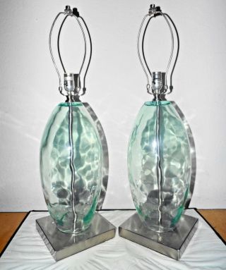 Lamps A Pair 31 " H Hotel Style Fancy Thick Green Glass & Metal Base Table Lamps
