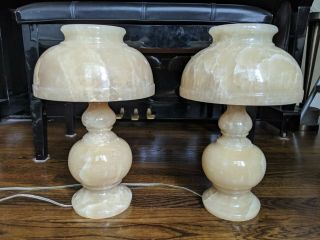 Large Set Of 2 Vintage All Alabaster Marble Table Lamps Internal Lights 15.  75 "