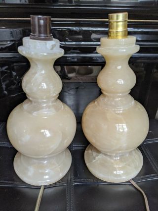 Large Set of 2 Vintage All Alabaster Marble Table Lamps Internal Lights 15.  75 