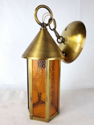 Brass Hanging Porch Light Fixture Amber Pebbled Glass Shade