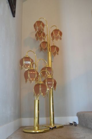 Vintage Hollywood Regency Art Deco Pink Glass Flower Modernist Floor Table Lamps