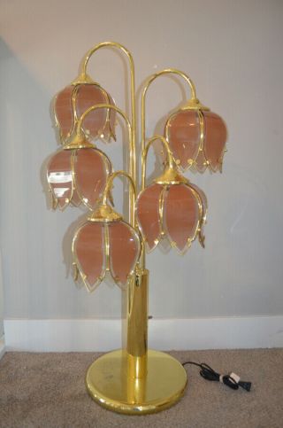 Vintage Hollywood Regency Art Deco Pink Glass Flower Modernist Floor Table Lamps 5