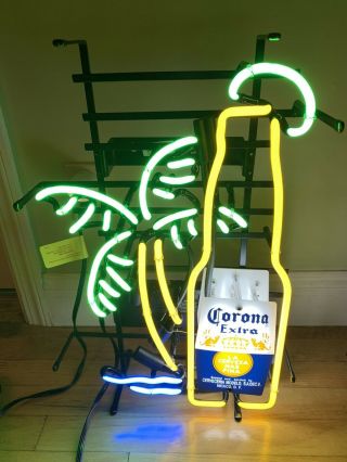 Corona Extra Neon Sign Palm Tree 22 " By 14 " Man Cave Or Bar With Lime Pre Owned