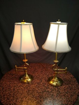 Pair Vintage Stiffel Brass Swing Arm Articulating Lamps With Shades