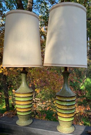 Vintage 1960s Ceramic Pottery Table Lamps Mid Century Modern Atomic Green Yellow