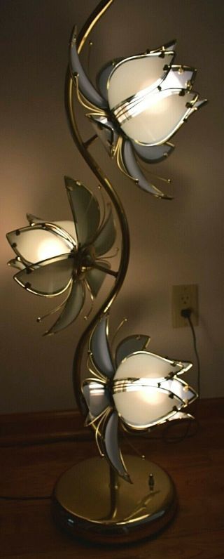 Vintage 1980s Retro Brass & Smoke Color Glass Lotus Flowers 3 Way 40 " Tall Lamp