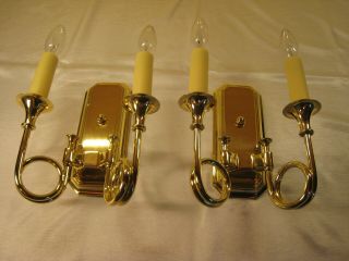 Vintage Baldwin Brass French Horn Styled Wall Sconces (2)