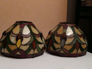 Set Of 2 Tiffany Style Stained Glass Lamp Shades Multi - Color Petite 7 1/4 " D.