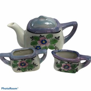Child’s Vintage Japan Lusterware Tea Set (purple) W/ Teapot,  Creamer,  & Sugar